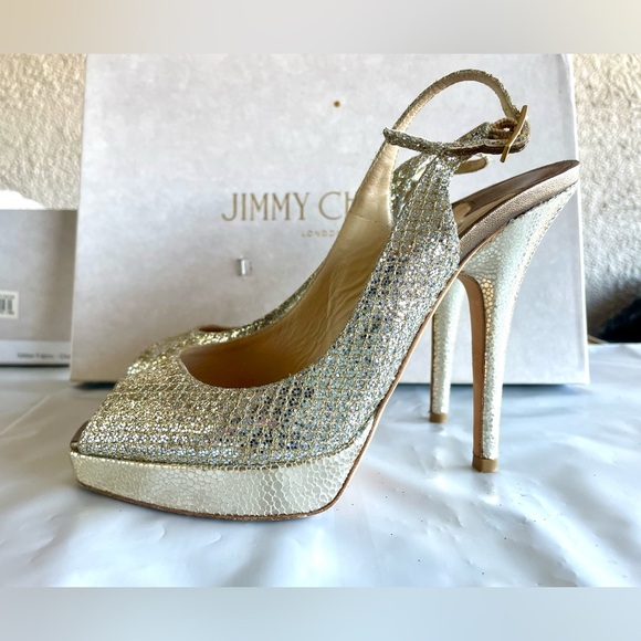 Womens Jimmy Choo Nova Champagne Glitter Peep Toe Slingback Heels 35/6 - Picture 6 of 10